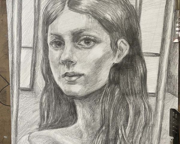 Student self portrait drawing in teen art classes NYC